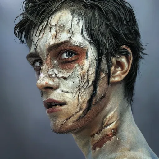 Prompt: portrait painting of young man with severe burn scars on his face and poorly cropped hair with a severe expression wearing tattered light armor, ultra realistic, concept art, intricate details, eerie, highly detailed, photorealistic, octane render, 8 k, unreal engine. art by artgerm and greg rutkowski and charlie bowater and magali villeneuve and alphonse mucha