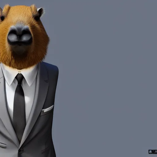 Image similar to a high quality photo of an antropomorphic capybara wearing a suit, 3d scene, render, ultra realistic, artstation, cgsociety