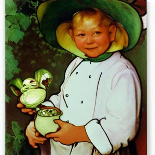 Image similar to baby yoda as a chef wearing a white apron and wearing a white chef's hat, by Jan van Eyck, by alphonse mucha