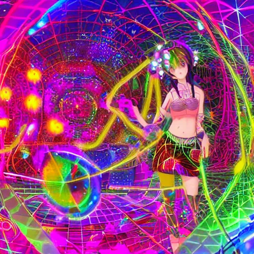 Prompt: anime dj girl electronic circuitry, with fireflies reflections hall of mirrors kaleidoscope bioluminescent vines and flowers, glitter, fractals, by scott uminga and chris dyer and alex grey street art, trending on artstation, dramatic lighting, octane render, weta digital, trending on deviant art, deepdream, ray trace