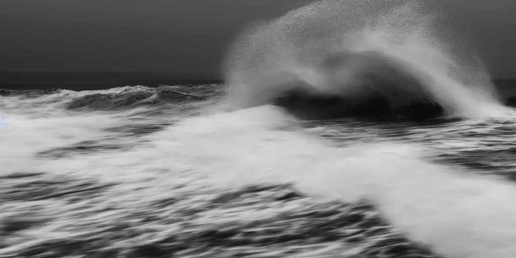 Image similar to monochromatic photograph of a forest, isometric, waves breaking, black sea, white breakwater, multiple exposure, by chris friel