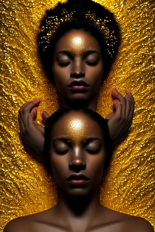 Image similar to hyperrealistic post - romantic cinematic very expressive! black oshun goddess, in water up to her shoulders, mirror dripping droplet!, gold flowers, highly detailed face, digital art masterpiece, smooth eric zener cam de leon chiaroscuro pearlescent teal light, tilt angle uhd 8 k, sharp focus