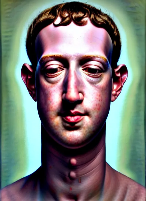 Prompt: hyper detailed 3d render like an Oil painting - Portrait of Mark Zuckerberg as a cyborg by Jacek Yerka, Mariusz Lewandowski, Houdini algorithmic generative render, Abstract brush strokes, Masterpiece, Edward Hopper and James Gilleard, Zdzislaw Beksinski, Mark Ryden, Wolfgang Lettl, hints of Yayoi Kasuma, octane render, 8k