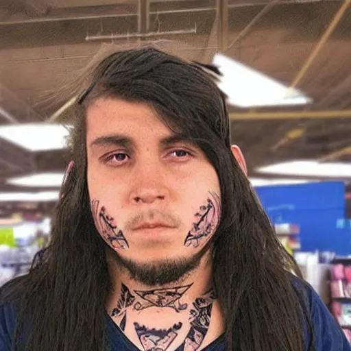 Image similar to “ long haired man with face tattoos working at walmart ”