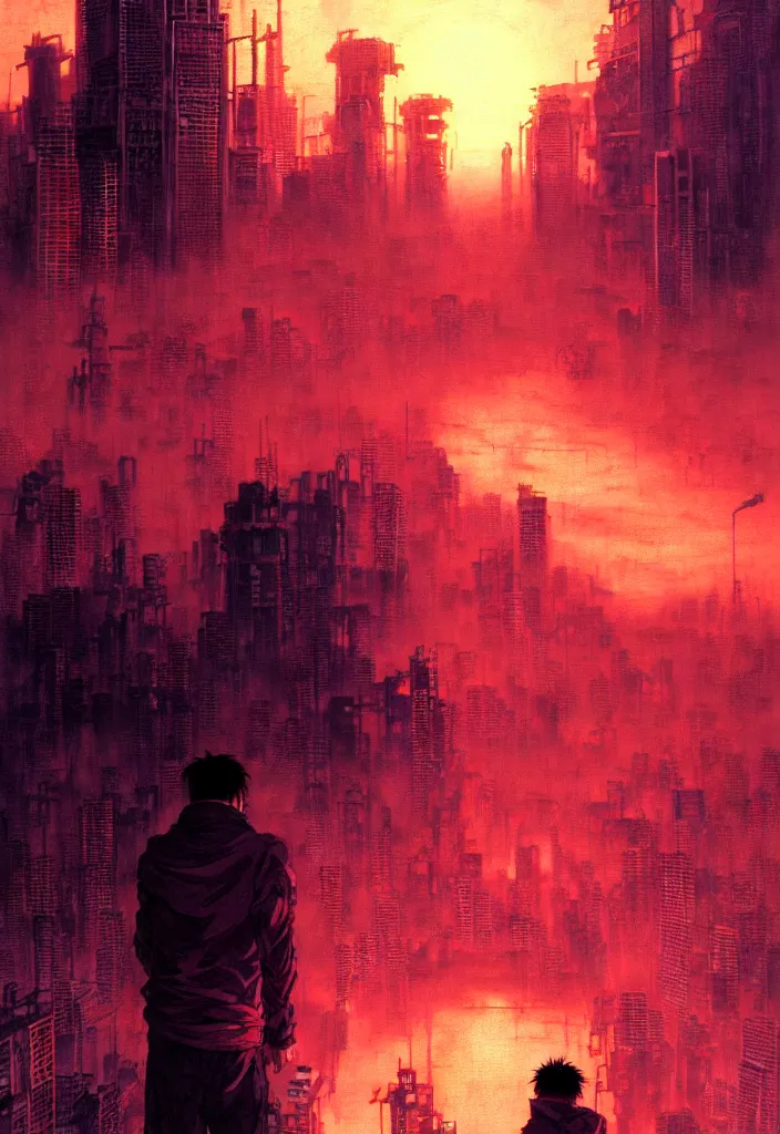 Image similar to tetsuo over neo - tokyo, silhouetted by a red sun | anime, matte painting, dystopian megacity neo - tokyo akira, shaded perfect, fine details. realistic shaded lighting anime manga artwork by katsuhiro otomo, akira, artgerm, jeremy lipkin and michael garmash and rob rey