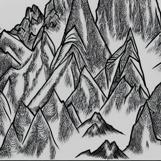 Prompt: mountains an trees in fantasy map style, high detailed drawing, drawing on wihte paper