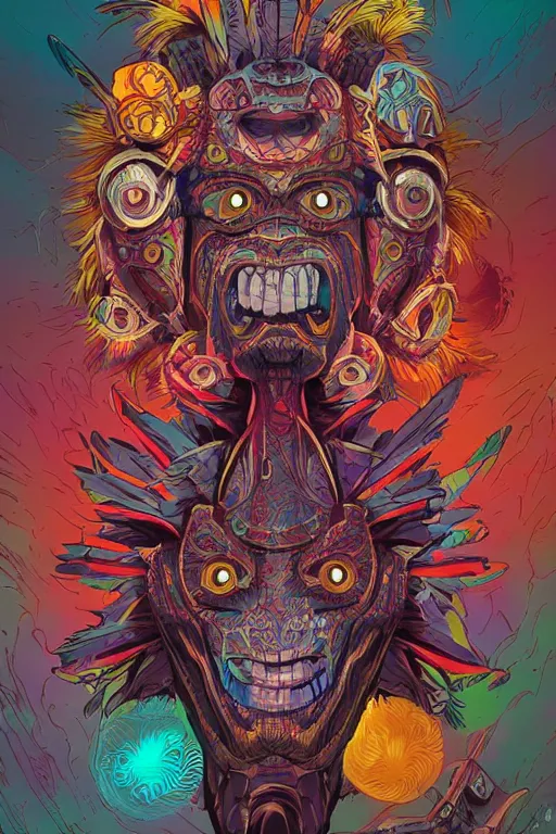 Image similar to totem animal tribal chaman vodoo mask feather gemstone plant wood rock video game illustration vivid color borderlands by josan gonzales and dan mumford radiating a glowing aura