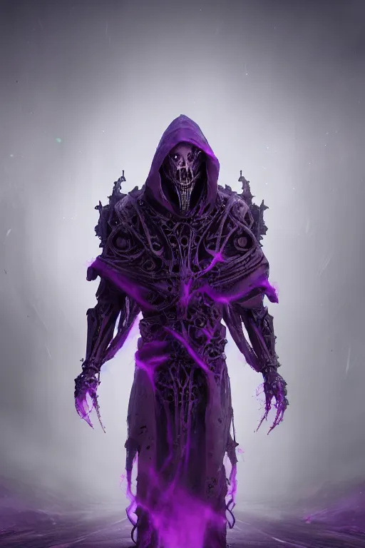 Prompt: character and environment design, ( ( biomechanical ) ) archanist covered in otherworldly dreamy purple magic, tattered!!! robe and hood, blue light, fog, scary, arrogant, hostile, photorealistic, cinematic, hyper realistic, octane render, 8 k, wide angle