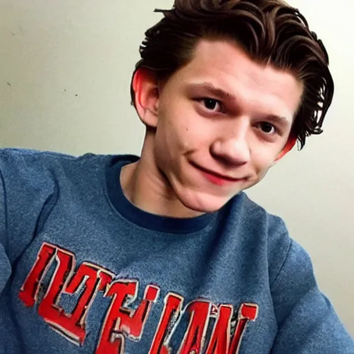 Prompt: Tom Holland wearing a Chapman sweatshirt