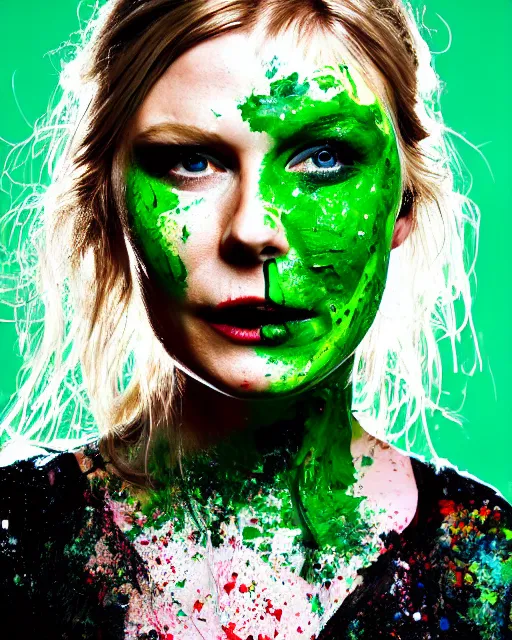 Prompt: photorealistic portrait headshot photos of kirsten dunst with bright green paint splattered across her face. photoshoot in the style of annie leibovitz, photorealistic, bokeh