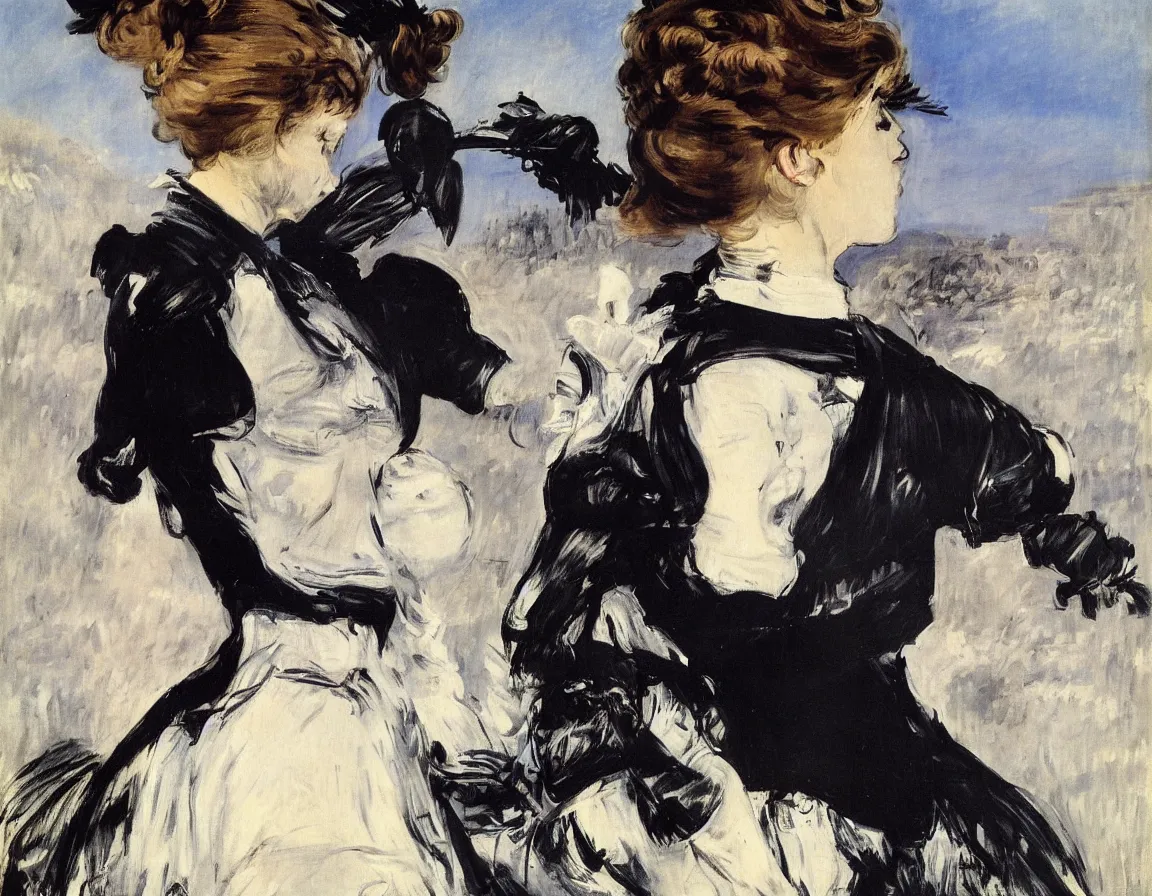 Image similar to edouard manet. a wide portrait of a marie from the side all dressed in black on a motorcycle on a highway looking over her shoulder towards us. blue sky. there is another motorcycle blurred in the background. precise thin brush strokes. expressive. emotional. modern.