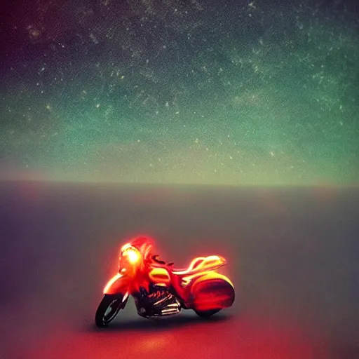 Prompt: photograph of a motorcycle floating in space inside magic colorful glowing fog, starry sky, tranquil, desolate, atmospheric, hazy, autochrome