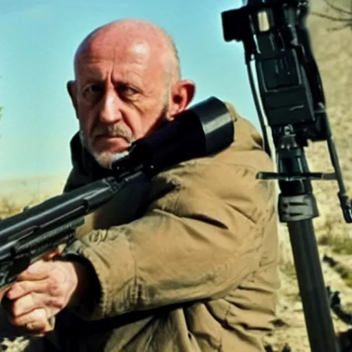 Image similar to Film still of Mike Ehrmantraut aiming with a !!!sniper rifle!!!, 4k, !!highly detailed!!