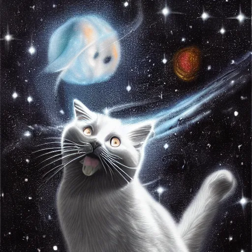 Image similar to a painting of a black and white cat in a cosmic scenic environment, hyperdetailed, beautiful, stars, planets, nebula, trending on artstation