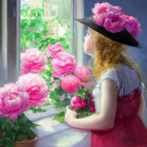 Prompt: a girl in a hat with peonies looks out the window at a blooming garden, rear view, art by vrubel, highly detailed, digital painting, artstation, matte, sharp focus