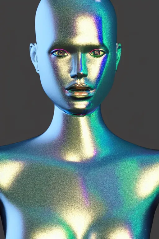 Image similar to 3d render of holographic human robotic bust made of glossy iridescent, bust, surrealistic 3d illustration of a human non-binary, non binary model, 3d model human, cryengine, made of holographic texture, holographic material, holographic rainbow, concept of cyborg and artificial intelligence