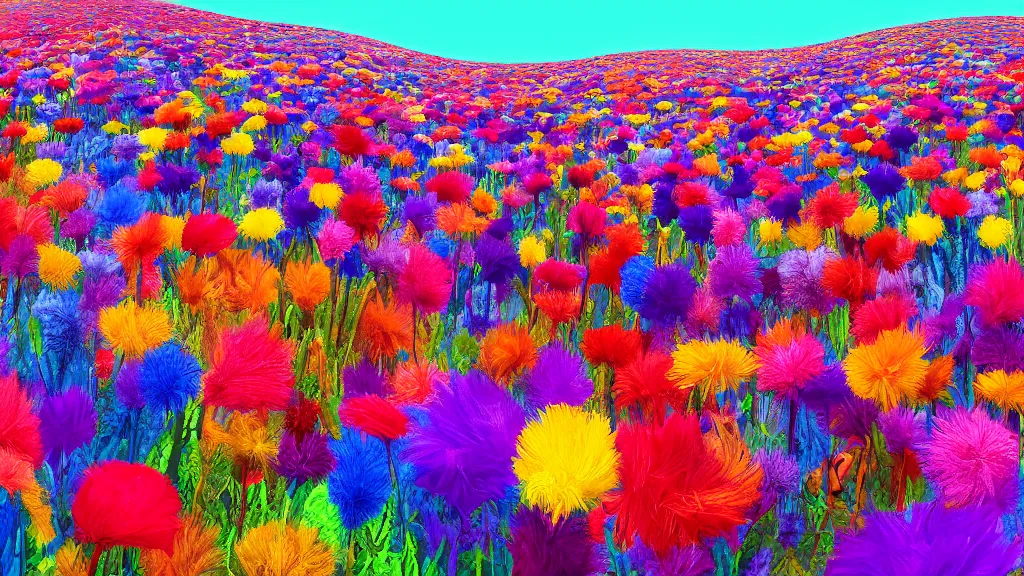 Prompt: first person perspective digital illustration of a field of giant vibrant flowers by beeple and Dr. Seuss:1|petals blowing in the breeze, colorful rolling hills of beautiful flowers, wide angle panoramic by Industrial Light and Magic, viewed from eye level:0.9|fantasy, cinematic:0.9|Unreal Engine, Octane, finalRender, devfiantArt, artstation, artstation HQ, behance, HD, 16k resolution:0.8