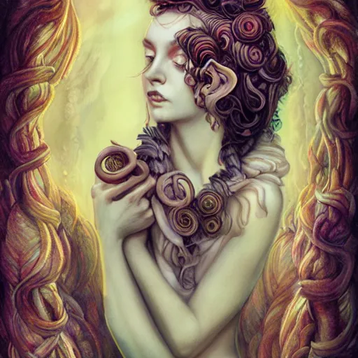 Image similar to realistic mythological greek medusa, by anna dittmann