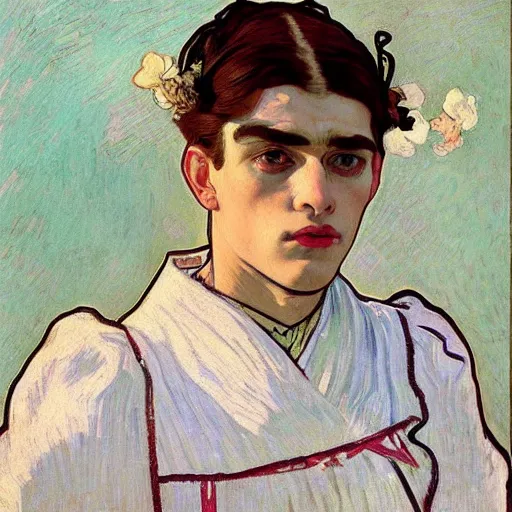 Image similar to painting of grumpy taehyung in a maid outfit, elegant, clear, painting, stylized, art, art by alphonse mucha, vincent van gogh, egon schiele,