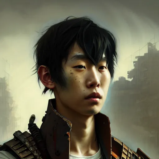 Image similar to portrait painting of a post - apocalyptic japanese young man wearing rusty samurai armor, ultra realistic, concept art, intricate details, eerie, highly detailed, photorealistic, octane render, 8 k, unreal engine. art by artgerm and greg rutkowski and charlie bowater and magali villeneuve and alphonse mucha