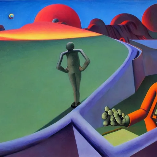 Prompt: space men exploring a fantastical alien landscape, they discover something, pj crook, edward hopper, oil on canvas