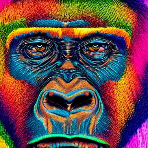 Prompt: hyper realis. portrait, embroidery, gorilla face made out of multi-coloured yarn, psychedelic,