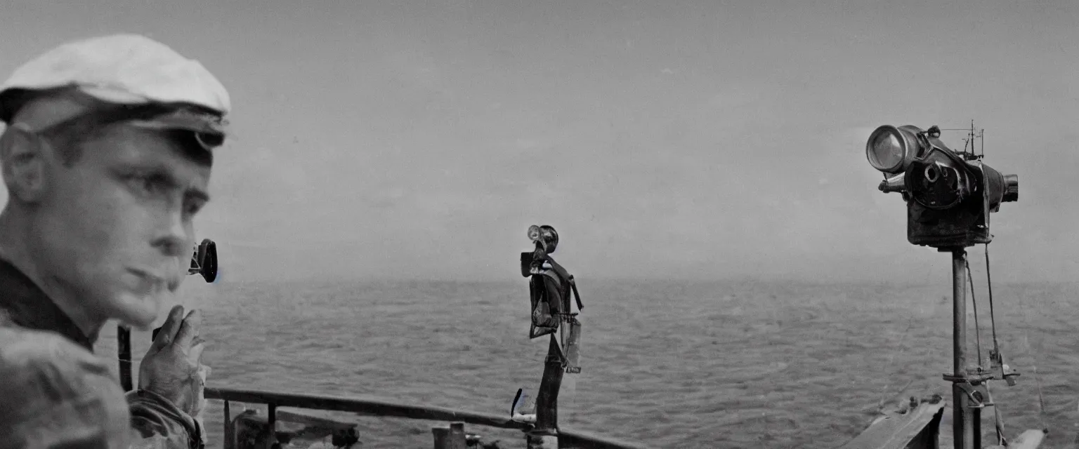 Image similar to detailed sharp photograph in the style of popular science circa 1 9 5 5 and gregory crewdson of a sailor standing on the bridge of a ship look through binoculars