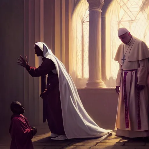 Image similar to highly detailed vfx portrait of dark - skinned nun casting spell on the pope, stephen bliss, greg rutkowski, loish, rhads, beeple, makoto shinkai, tom bagshaw, alphonse mucha, sharp focus, art by artgerm and greg rutkowski, stanley kubrick, backlit, harsh overhead sunlight,