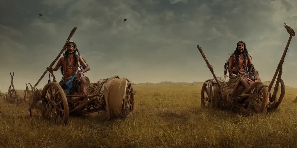 Image similar to photorealistic photo of an ancient indian tribesman on ancient makeshift atv with big wooden puffy wheels, hunting buffalo herd ,attacking, chase, action scene, an epic fantasy, dramatic lighting, cinematic, establishing shot, extremely high detail, photorealistic, cinematic lighting, artstation, octane render, by simon stalenhag, horizon forbidden west,old photo, high speed photography, vintage,