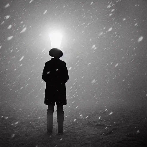 Prompt: a man holds a lantern, snowstorm, alien landscape, foggy, cold, view from the distance, black and white vintage photo