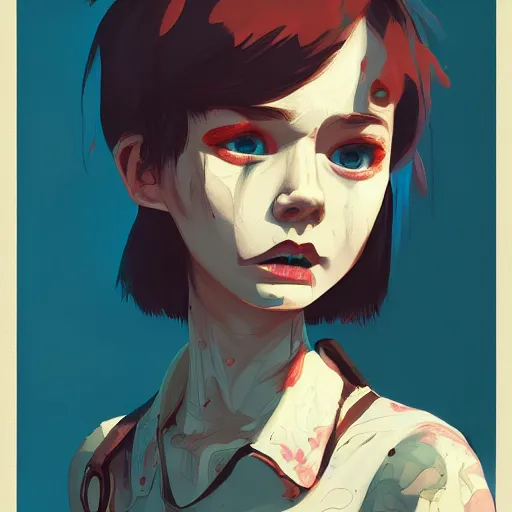 Image similar to Highly detailed portrait of a punk zombie young lady by Atey Ghailan, by Loish, by Bryan Lee O'Malley, by Cliff Chiang, ((dark blue moody background))