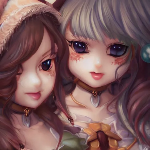 Prompt: high fantasy two cute tanuki girls, by Artgerm, face close up, official media, beautiful, detailed, high quality, 4K, epic, wallpaper, trending on artstation and behance, Gelbooru, Konachan