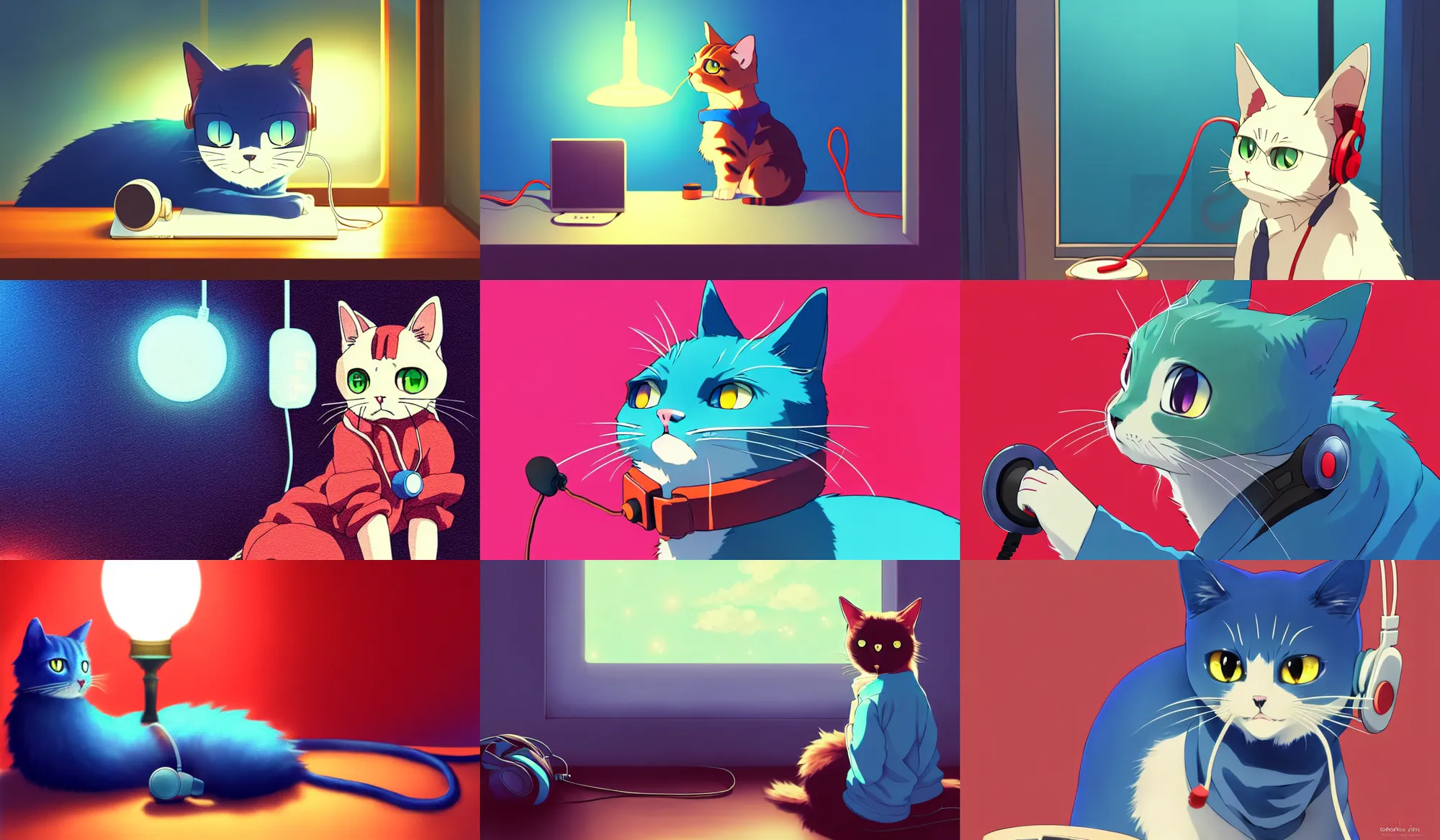 Prompt: realistic anime cat, wearing a blue cardigan and red aesthetic lo - fi headphones, view from side, studying in a brightly lit room, a lamp hovers above as it illuminates the room, nighttime, cgsociety contest winner, artstation, golden ratio, dim lighting, studio ghibli, 4 k