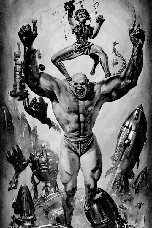 Image similar to 5 0 s pulp scifi fantasy illustration full body portrait martyn ford as huge troll wearing space armou, by norman rockwell, roberto ferri, daniel gerhartz, edd cartier, jack kirby, howard v brown, ruan jia, tom lovell, frank r paul, jacob collins, dean cornwell, astounding stories, amazing, fantasy, other worlds