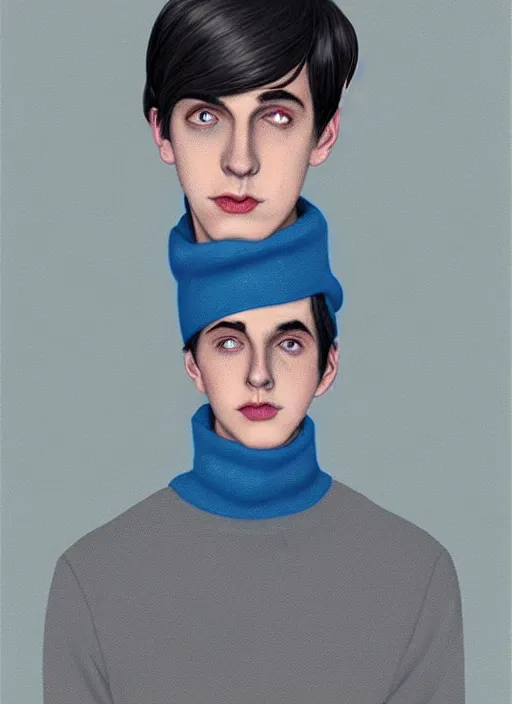 Image similar to portrait of teenage jughead jones wearing a light grey crown, crown, blue turtleneck, 1 9 5 0 s, closed eyes, photorealistic, black hair, glowing lighting, intricate, elegant, glowing lights, highly detailed, digital painting, artstation, concept art, smooth, sharp focus, illustration, art by wlop, mars ravelo and greg rutkowski