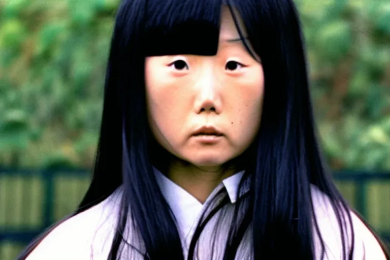 Image similar to a still photo of sadako from the ring movie playing baseball colored