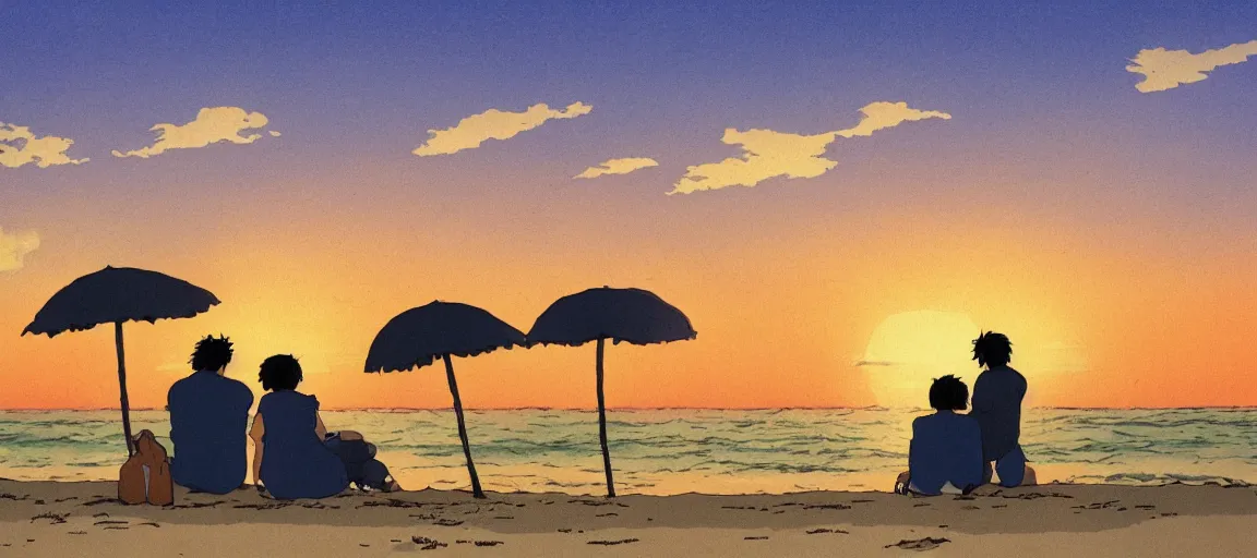 Image similar to a couple watching the sunset by the beach, by Studio Ghibli