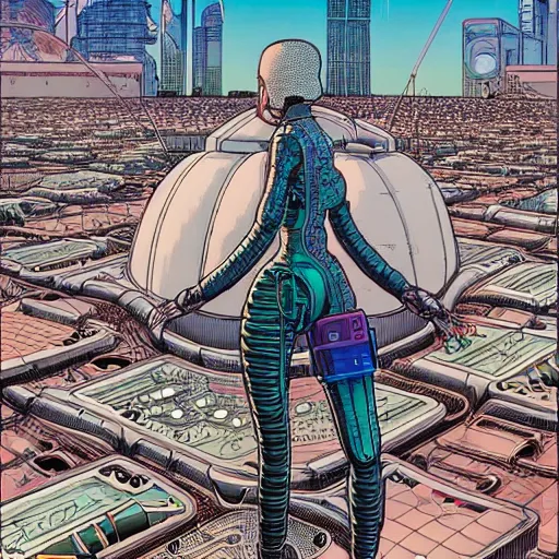 Image similar to a beautiful highly detailed futuristic mechanical lady, cyberpunk rooftop on jupiter, filled with people,, art by geof darrow,