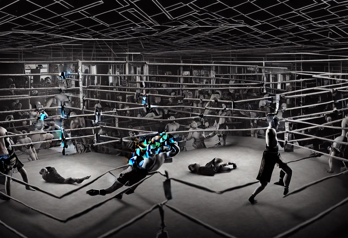 Prompt: amazing detailed symmetric photograph in the style of annie liebowitz, volumetric lighting, depth of field, futurisitic boxing ring in a dying utopia, neon radioactive swamp, kobold on stilts with boxing gloves