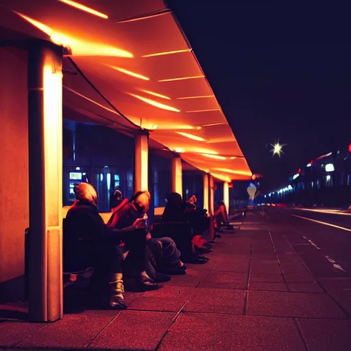 Prompt: a some people waiting in a lone bus stop in quiet dark city night, low poly stylized but with dramatic lighting, low angle camera view, high quality, high resolution,detailed