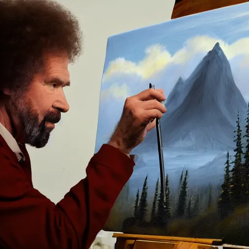 Image similar to a closeup photorealistic photograph of bob ross working on a canvas painting of darth vader. film still. brightly lit scene. mountains and trees. this 4 k hd image is trending on artstation, featured on behance, well - rendered, extra crisp, features intricate detail, epic composition and the style of unreal engine.