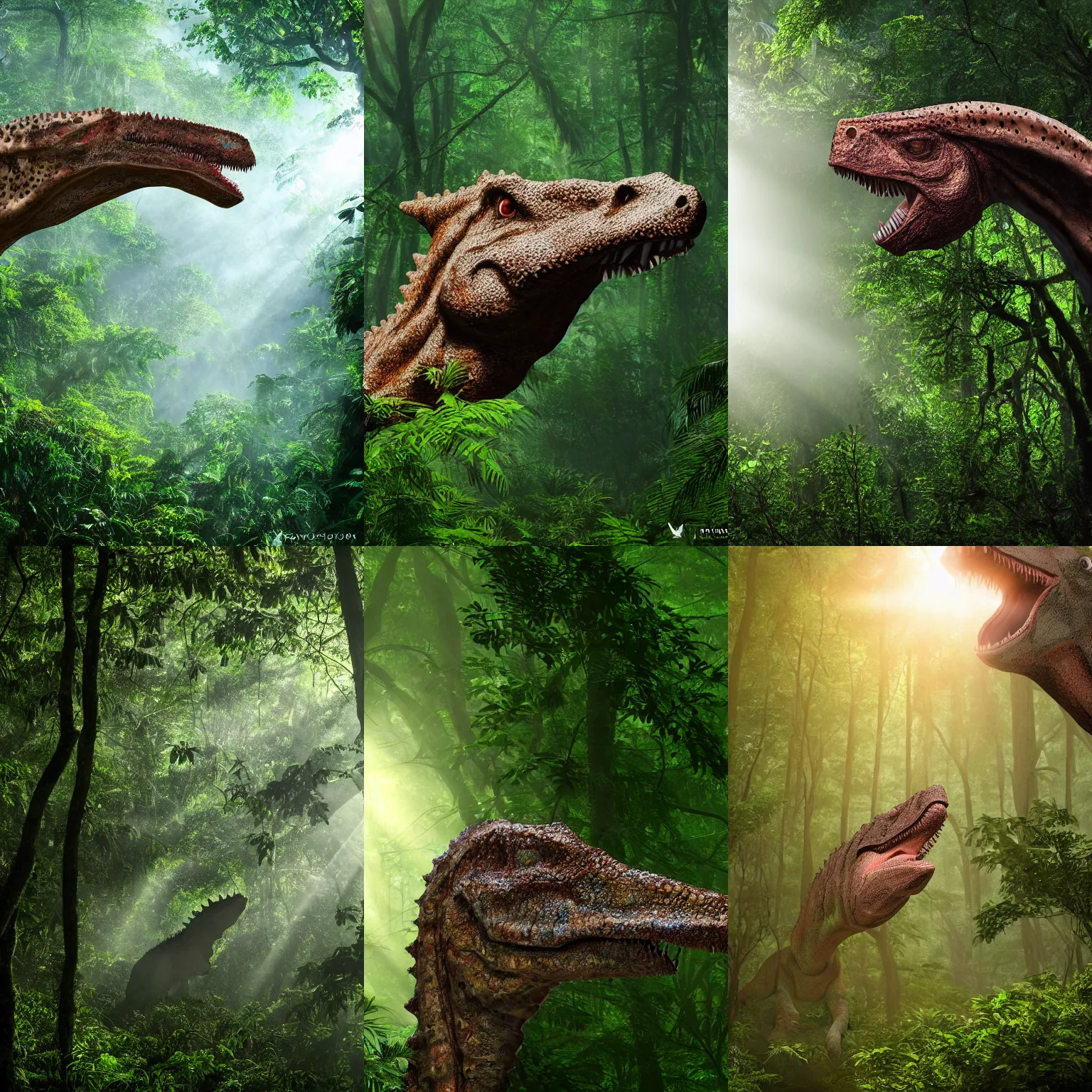 Prompt: a Carnotaurus head popping out of the trees in a lush, dense jungle, fog, sunbeams, 4k, high quality