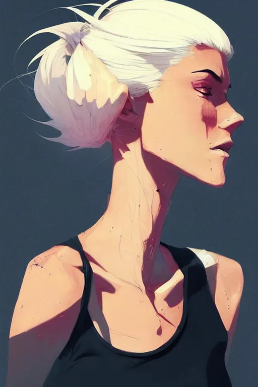 Prompt: a ultradetailed beautiful painting of a stylish woman in with white hair in a ponytail, she is wearing a black tank top, by conrad roset, greg rutkowski and makoto shinkai trending on artstation