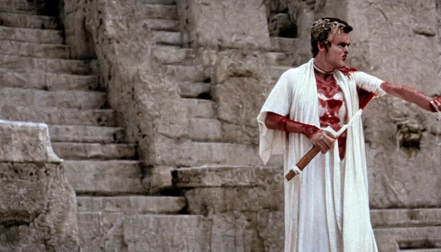 Prompt: 1 9 7 0 s movie still close - up of caligula in a white toga stabbed to death bleeding heavy blood on ancient amphitheater's stairs, cinestill 8 0 0 t 3 5 mm, high quality, heavy grain, high detail, dramatic light, anamorphic, blood