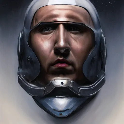 Prompt: a realistic painting by Raffaello Sanzi depicting the Metal Hero Jiban with the head of the symbiotic Nicolas Cage in the Renaissance,smooth,Sharp focus, trending on Artstation.