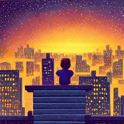 Image similar to a kid in a big city, sits on a rooftop, watches a beautiful night full of stars and tech buildings, dramatic, by paul lehr