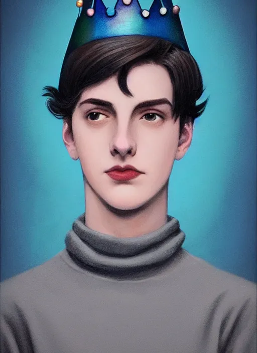 Image similar to portrait of teenage jughead jones wearing a light grey crown, crown, blue turtleneck, 1 9 5 0 s, closed eyes, photorealistic, black hair, glowing lighting, intricate, elegant, glowing lights, highly detailed, digital painting, artstation, concept art, smooth, sharp focus, illustration, art by wlop, mars ravelo and greg rutkowski