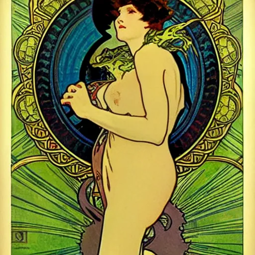 Prompt: Godzilla art nouveau, Alphonse Mucha