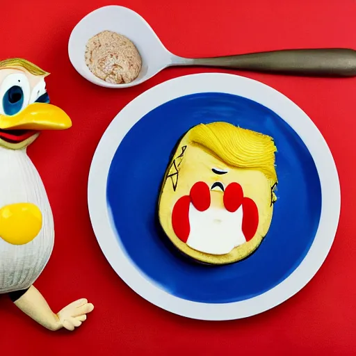 Prompt: Donald Trump anthropomorphic omelette, food photography