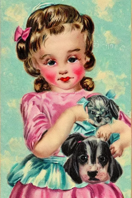 Prompt: a vintage cute girl with pigtails and puppy, beautiful colors, painted in the style Vintage greeting card, detailed